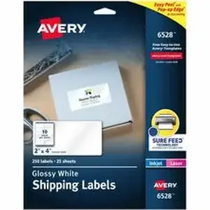 Avery Dennison AVE 6528 - Avery® Shipping Labels, Glossy White, 2" x 4", 250 Total (6528) - x 2" Width x 4" Length - Permanent Adhesive - Rectangle - Inkjet, Laser - Glossy - White - Paper - 10 / Sheet - 25 Total Sheets - 250 Total Label(s) - For Label Printer - 250 / Pack