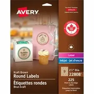 Avery Dennison AVE 22808 - Avery Kraft Brown Round Labels - - HeightPermanent Adhesive - Round - Laser, Inkjet - Kraft Brown - Paper - 9 / Sheet - 225 / Pack