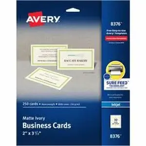 Avery Dennison AVE 8376 - Avery® Sure Feed® Ivory Business Cards - 79 Brightness - A4 - 8 1/2" x 11" - 80 lb Basis Weight - 216 g/m² Grammage - Matte - Perforated, Heavyweight, Rounded Corner, Printable, Recyclable, Biodegradable, Smooth Edge, Double-sided, Smudge-free, Anti-jam - Ivory - 250 / Pack