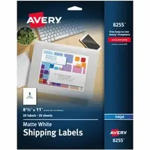 Avery Dennison AVE 8255 - Avery® White Shipping Labels, 8-1/2" x 11", 20 Labels (8255) - 8 1/2" Width x 11" Length - Permanent Adhesive - Inkjet - Matte - White - Paper - 1 / Sheet - 20 Total Sheets - 20 Total Label(s) - 20 / Pack
