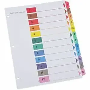 Universal Products UNV 24806 - Universal Index Divider - 12 Printed Side Tab(s) - Digit - 1-12, Table of Contents - 8.5" Divider Width x 11" Divider Length - Letter - 3 Hole Punched - White Paper Divider - Assorted Paper Tab(s) - 30% Recycled - Double-sided, Mylar Reinforced Edge, Laminated Tab - 6 / Pack