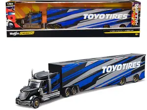 Maisto 12418-TO - International LoneStar Enclosed Car Transporter "Toyo Tires" Black with Blue and Gray Stripes "Custom Haulers" Series 1/64 Diecast Model by Maisto
