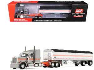 First Gear 60-2173 - Peterbilt 589 with 58" Mid-Roof Sleeper and 50' Wilson Pacesetter Grain Trailer Silver Metallic with Orange Stripes 1/64 Diecast Model by DCP/First Gear