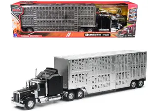 New Ray 10783A - Kenworth W900 Truck Black with Pot Belly Livestock Chrome "Long Haul Truckers" Series 1/32 Diecast Model by Ray