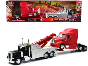 New Ray SS-12053A - Peterbilt 379 Tow Truck Black with Peterbilt 387 Truck Tractor Red Set of 2 pieces 1/32 Diecast Model by Ray
