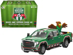 Greenlight GL30589 - 2022 GMC Sierra 3500 HD Pickup Truck Green with Mexican Soccer Graphics with Eagle Figure "International Soccer Celebration '26" Series 1/64 Diecast Model Car by Greenlight