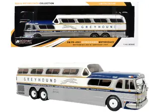 Iconic Replicas 43-0665 - GM PD-4501 Scenicruiser Coach Bus "Greyhound Bus Lines - 50th Anniversary" Raw Metal with Blue and White Top and Gold Stripes "The Bus & Motorcoach Collection" 1/43 Plastic Model by Iconic Replicas