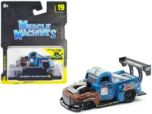 Muscle Machines 15559BL - 1949 Ford F1 Pickup Truck #128 "Old Smokey" Blue and Brown (Weathered) 1/64 Diecast Model Car by Muscle Machines