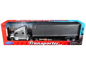 Welly 32211W-SIL - Kenworth T2000 Truck Silver Metallic with Gray Container "Transporter" Series 1/32 Diecast Model by Welly