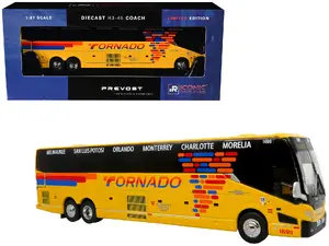 Iconic Replicas 87-0612 - Prevost H3-45 Coach Bus "Tornado Bus Company" Yellow with Graphics Limited Edition 1/87 (HO) Diecast Model by Iconic Replicas